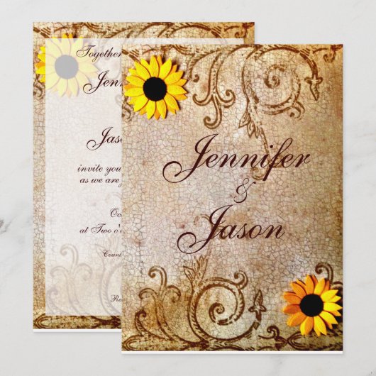 Rustic Shabby Sunflower Chic Brown Wedding Kaart (Voorkant / Achterkant)