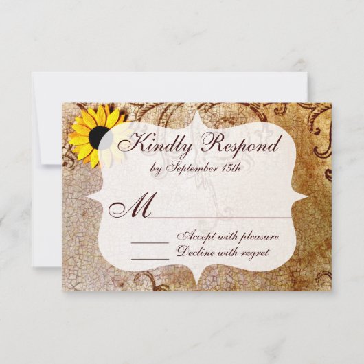 Rustic Shabby Sunflower Swirls Wedding RSVP-kaarte RSVP Kaartje (Voorkant)