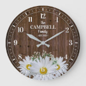 Rustic Shasta Daisy and Wood Family Name Grote Klok (Voorkant)