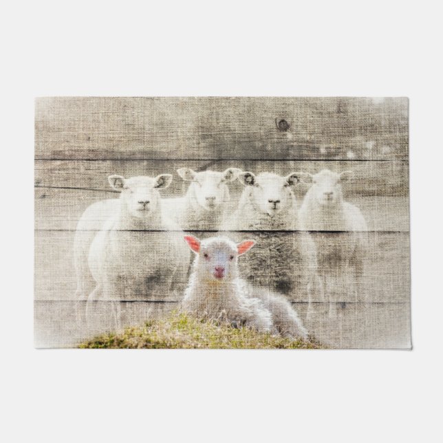 Rustic Sheep Baby Lamb Burlap Deurmat (Voorkant)
