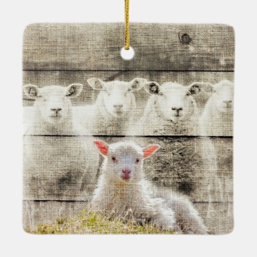Rustic Sheep Baby Lamb Burlap Keramisch Ornament (Achterkant)
