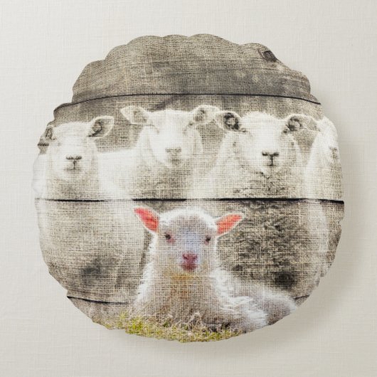 Rustic Sheep Baby Lamb Burlap Rond Kussen (Voorkant)