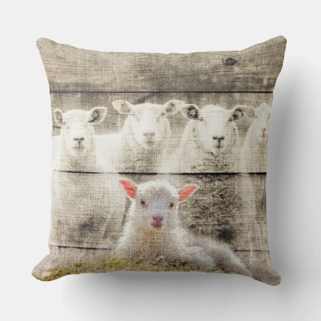 Rustic Sheep Baby Lamb Burlap Sierkussen (Voorkant)