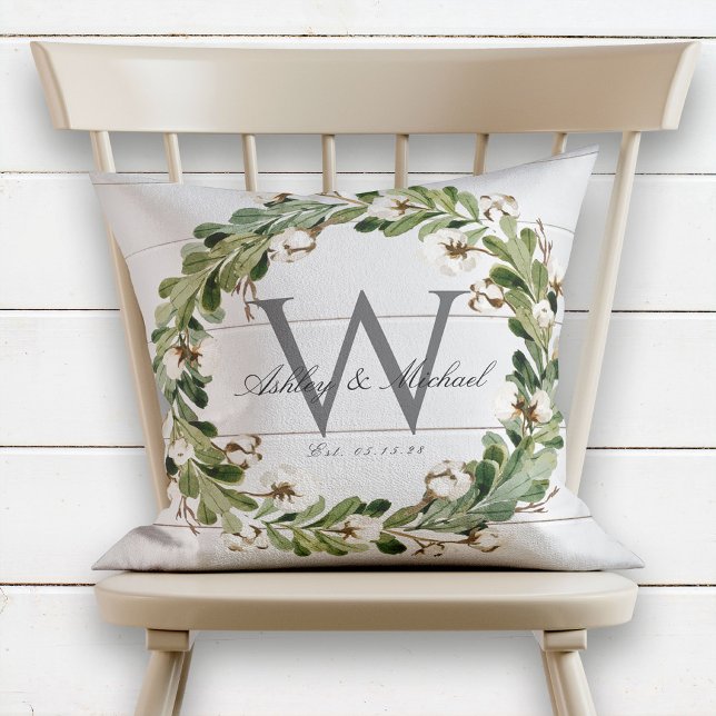 Rustic Shiplap Wreath Monogram Wedding Keepslag Kussen (Creator heeft geüpload)