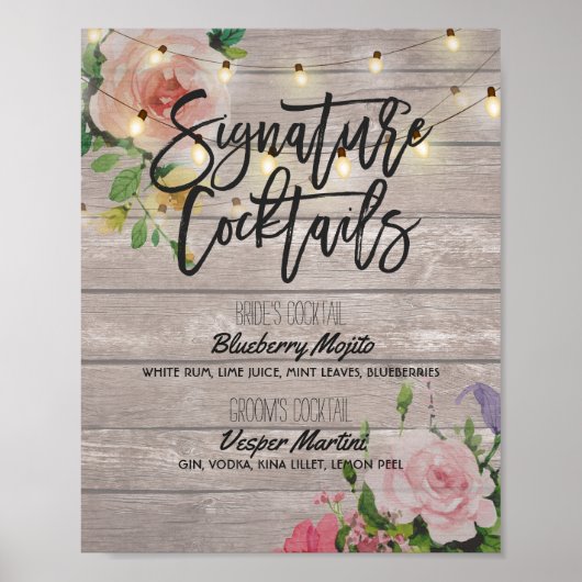 Rustic Signature Cocktail Drink Menu Wedding Decor Poster (Voorkant)