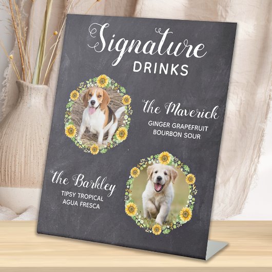Rustic Signature Drink Sunflower Dog Pet Wedding Reclamebord Met Voetstuk