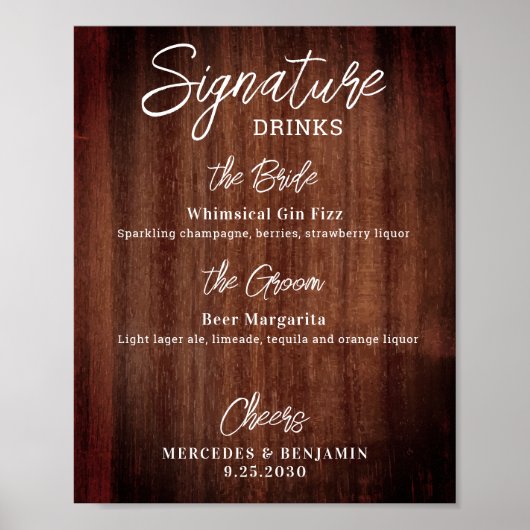 Rustic Signature Drinken Personalized Wedding Bar Poster (Voorkant)