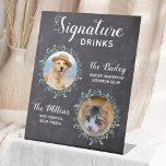 Rustic Signature Drinks Pet Wedding Cocktail Photo Reclamebord Met Voetstuk<br><div class="desc">Drinks by from your pets! Include your best dog, best cat and any pet in your wedding with his own signsignalement drink bar for your guests. Perfect for dog lovers, and a special dog bar will be a hit at your wedding. Rustic chalkboard with eucalyptus leaves. Customize this pet wedding...</div>