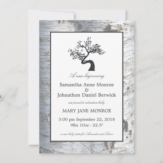 Rustic Silver Birch Tree Baby kondiging Aankondiging (Voorkant)