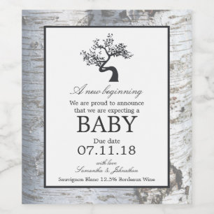 Rustic Silver Birch Tree Baby kondiging Wijn Etiket