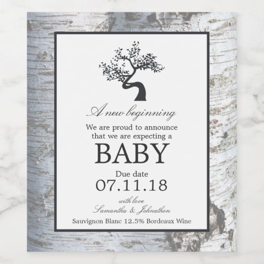 Rustic Silver Birch Tree Baby kondiging Wijn Etiket (Enkel label)