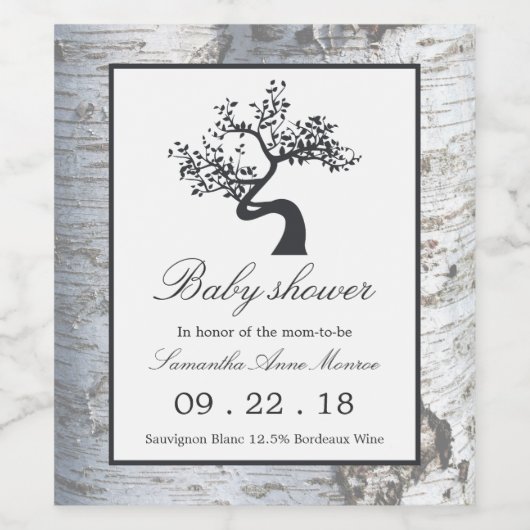 Rustic Silver Birch Tree Baby shower Wijn Etiket (Enkel label)