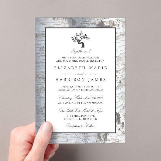 Rustic Silver Birch Tree Wedding Acryl Uitnodigingen (Insitu (Draagbaar))