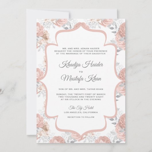 Rustic Silver en Blush Pink Roses Muslim Wedding Kaart (Achterkant)