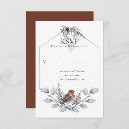 Rustic Silver Gray Rust Botanicals Bird RSVP (Voorkant / Achterkant)