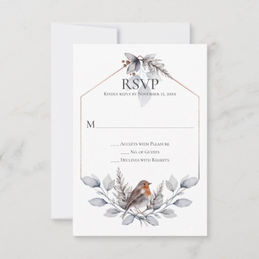 Rustic Silver Gray Rust Botanicals Bird RSVP (Voorkant)