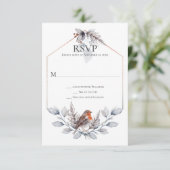 Rustic Silver Gray Rust Botanicals Bird RSVP Kaartje (Staand voorkant)