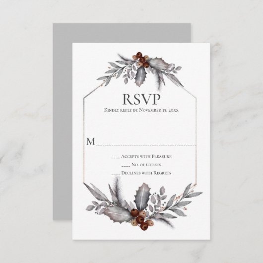 Rustic Silver Grey Rust Brown Berries RSVP (Voorkant / Achterkant)