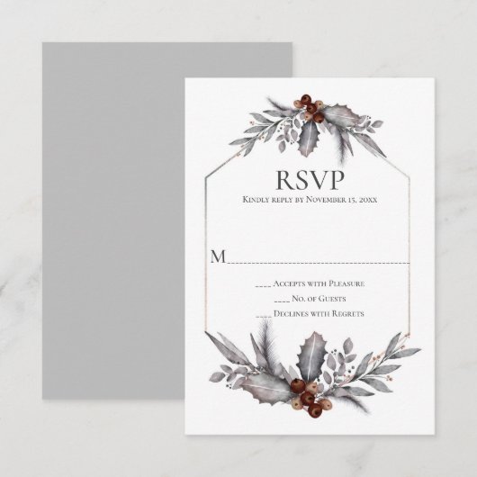 Rustic Silver Grey Rust Brown Berries RSVP Kaartje (Voorkant / Achterkant)