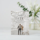 Rustic Silver Grey Script Foto Bewaar de datum Aankondigingskaart (Staand voorkant)