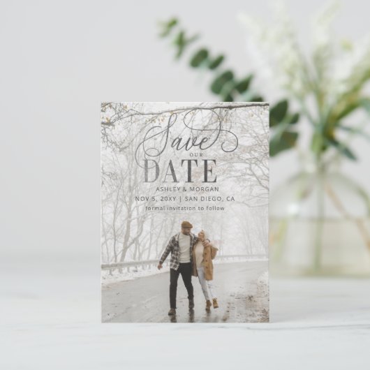 Rustic Silver Grey Script Foto Bewaar de datum Aankondigingskaart (Staand voorkant)