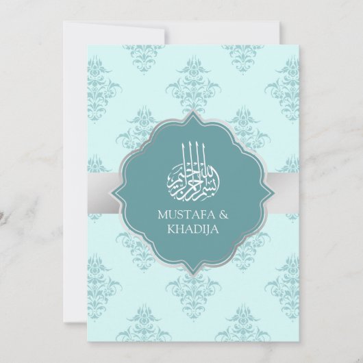 Rustic Silver Pastel Blauwgroen Damask Muslim Wedd Kaart (Voorkant)