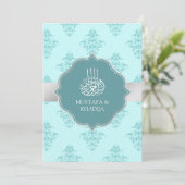 Rustic Silver Pastel Blauwgroen Damask Muslim Wedd Kaart (Staand voorkant)