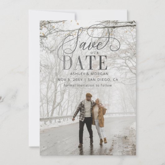 Rustic Silver Script Modern Photo Save the Date (Voorkant)
