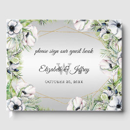 Rustic Silver White Anemone Gold Geometric Wedding Gastenboek