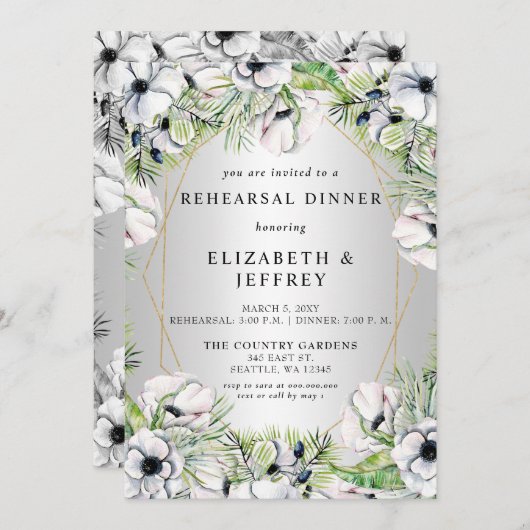 Rustic Silver White Anemone Gold Rehearsal Dinner Kaart (Voorkant / Achterkant)