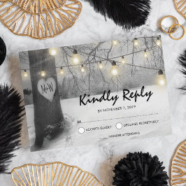 Rustic Silver Winter Tree Lights Wedding RSVP Kaart