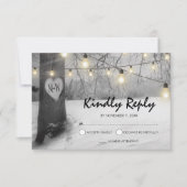 Rustic Silver Winter Tree Lights Wedding RSVP Kaart (Voorkant)