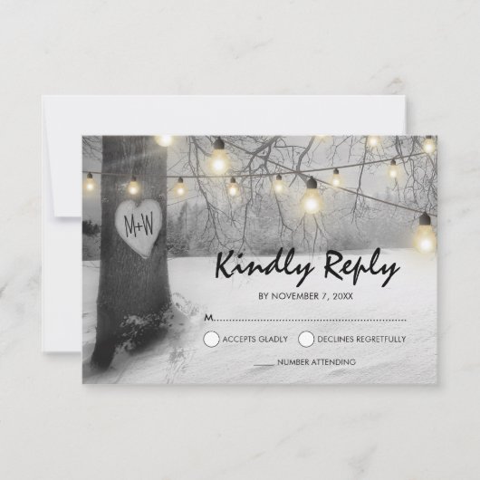 Rustic Silver Winter Tree Lights Wedding RSVP Kaart (Voorkant)