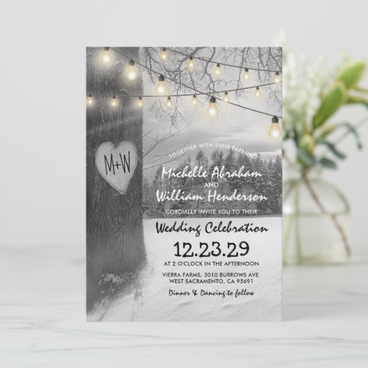 Rustic Silver Winter Tree Twinkle Lights Weddensch Kaart (Staand voorkant)