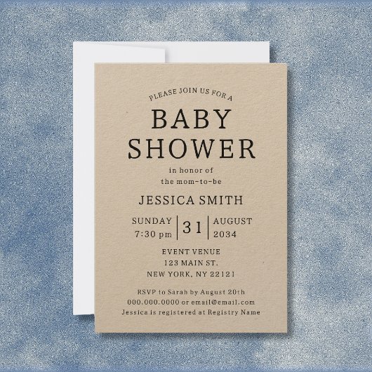 Rustic Simple Gender Neutral Kraft Baby shower Kaart