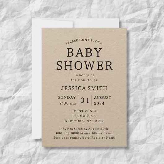Rustic Simple Gender Neutral Kraft Baby shower Kaart