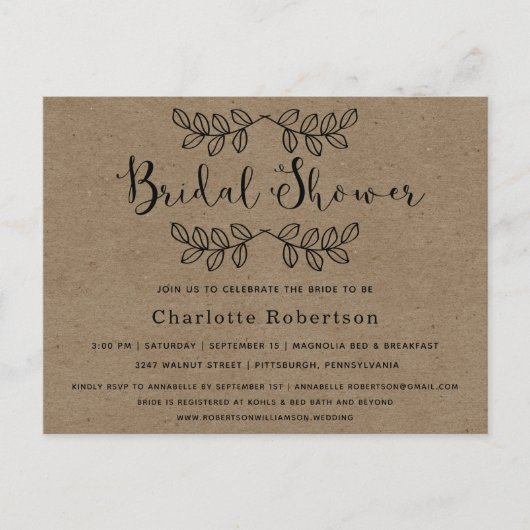 Rustic Simply Kraft Bridal Shower Briefkaart (Voorkant)