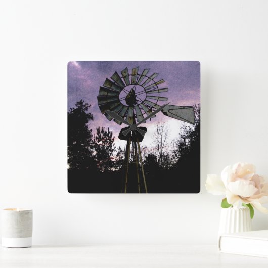 Rustic Sketched Old Windmill Vierkante Klok (Huis)
