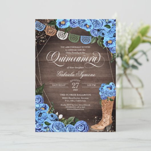 Rustic Sky Blue Country Charra Boots Quinceañera Kaart (Staand voorkant)