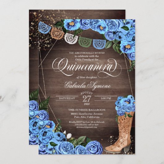 Rustic Sky Blue Country Charra Boots Quinceañera Kaart (Voorkant / Achterkant)