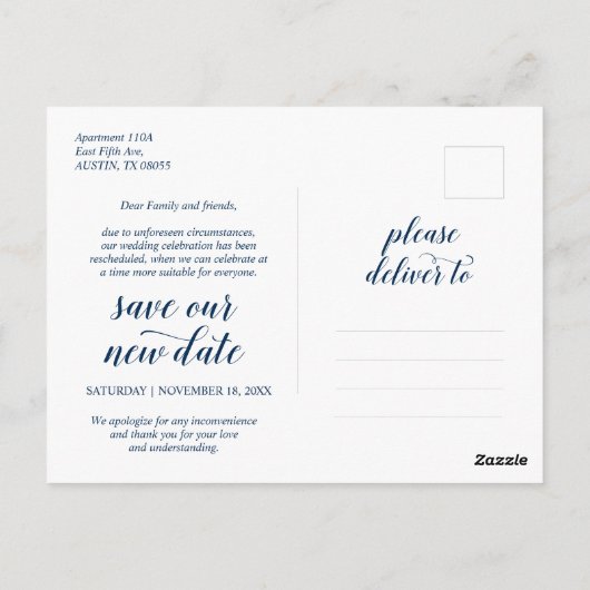 Rustic, sla de nieuwe datum op, marineblauw, uitst briefkaart (Achterkant)