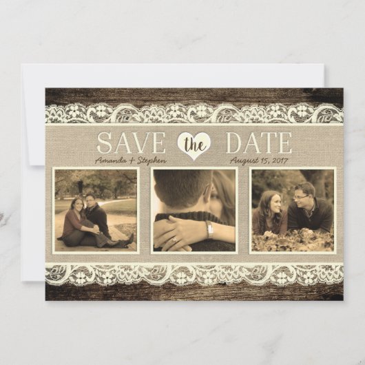 Rustic slaat de datum op | Barn Wood Lace en Burla Save The Date (Voorkant)