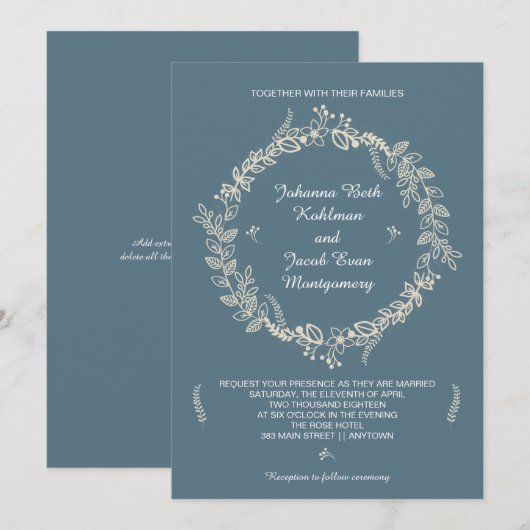 Rustic Slate Blue, afgebeeld als Floral Wreath Wed Kaart (Voorkant / Achterkant)