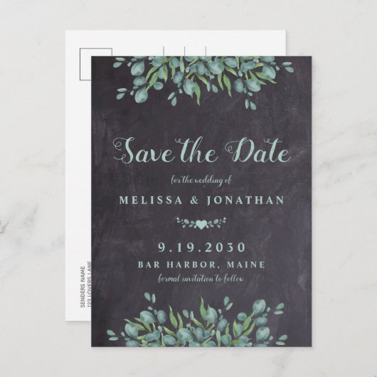 Rustic Slate Eucalyptus Greenery Save the Date Aankondigingskaart (Voorkant / Achterkant)