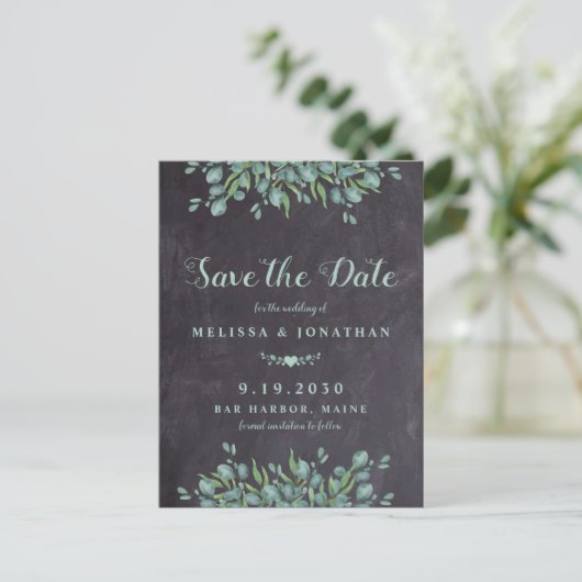 Rustic Slate Eucalyptus Greenery Save the Date Aankondigingskaart (Staand voorkant)