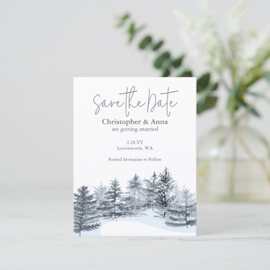 Rustic Slate Gray Pine Trees Wedding Save the Date Advieskaart (Staand voorkant)