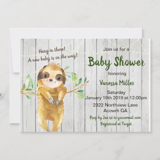 Rustic Sloth Baby shower Uitnodiging (Voorkant)
