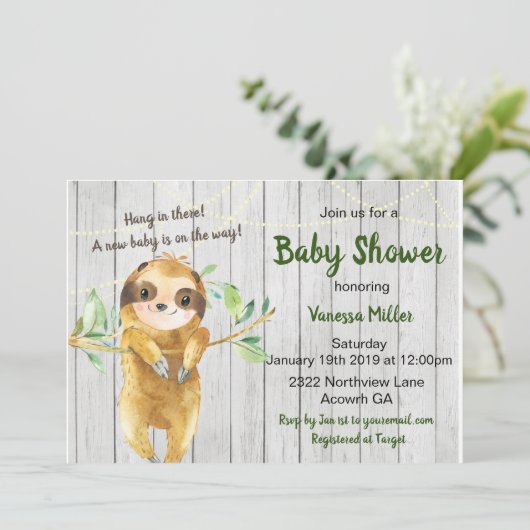 Rustic Sloth Baby shower Uitnodiging (Staand voorkant)
