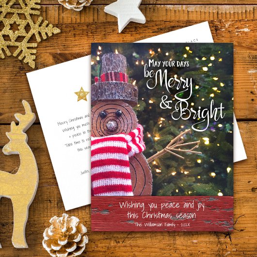 Rustic Sneeuwman Dagen Merry Bright Script Schatti Feestdagenkaart