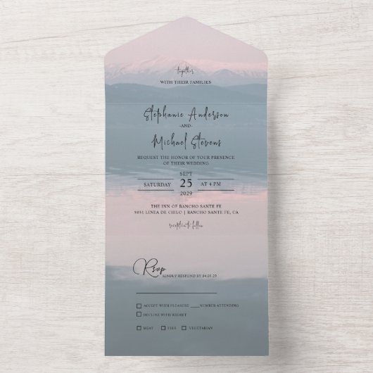 Rustic Snow-capped Mountain & Lake Wedding All In One Uitnodiging (Binnen)